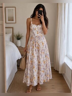 Aqua Blu Lilas Drop Waist Floral Cotton Silk Maxi Dress White Multi XS